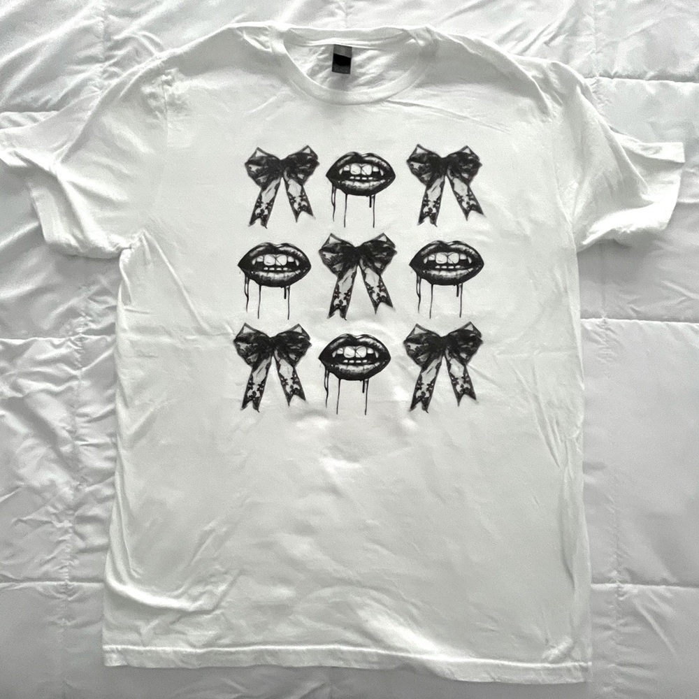 Gothic White T-Shirt with Black Bloody Lips and Bows. Size M.